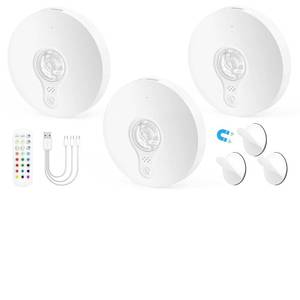 lot 14037 image: Rechargeable Puck Lights with Remote, 3 Pack Magnetic Under Cabinet Lighting, 1500mAh Battery Operated LED Tap Lights with Dimmer and Timmer for Kitchen, Closet, Shelf - 3 Color Temps and 12 RGB, White - Retail $205