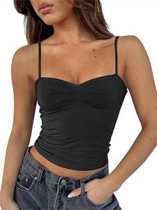 lot 14444 image: ForeFair Women Y2K Sweetheart Neck Sleeveless Crop Tank Tops Backless Spaghetti Strap Pleated Bustier Camis Going Out Top(M,Black) - Retail $15