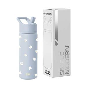 lot 14447 image: Simple Modern Kids Water Bottle with Straw Lid  Vacuum Insulated Stainless Steel Metal  Reusable Leak Proof BPA-Free Thermos for School  Summit Collection  18oz, Sweet Daisy on Blue (used) - Retail $28