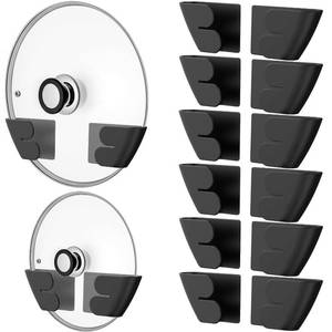 lot 14453 image: Niceyos Universal Adjustable Pot Lid Organizer for Cabinet - Upgraded Patented Set of 8 Pan Lids Organizers Inside Cabinet Door Wall Mount Pots Top Holder for Kitchen Cupboard, Fits 6 to 14in (Black) - Retail $21in