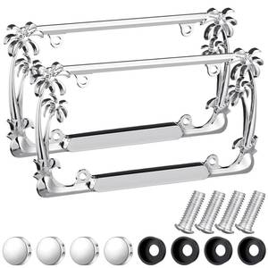 lot 14463 image: MorningRo 2 Pcs Palm Tree License Plate Frame Plastic Beach Coconut Tree Design Frame Compatible with Standard License Plate for USA 2 Holes with Screws for Women Men (Sliver) - Retail $12