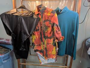 lot 108 image: Womens Clothing Lot - Julia by Love J Faux Leather Top, Thrills Jeans Tie-Dye Denim Shirt & Teal Turtleneck Size S M XL