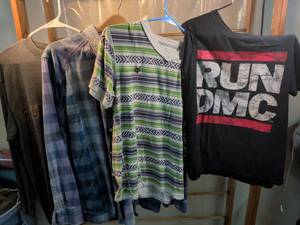 lot 111 image: Mixed Mens Shirt Lot - Run DMC Tee, Zoo York Striped Tee & Tommy Bahama Jeans Flannel