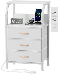lot 5380 image: Furnulem Night Stand with Charging Station, 28.3 Inch Tall Bedside Table with PVC Drawers, End Table with USB Ports and Outlets, 3 Fabric Drawer Storage Nightstand for Bedroom, 3 Ways to Use, White