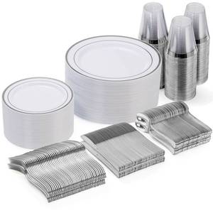 lot 5381 image: Goodluck 300-Piece Disposable Dinnerware Set for 50 Guests - Silver Plastic Plates, Salad Plates, Cutlery & Cups for Parties & Weddings