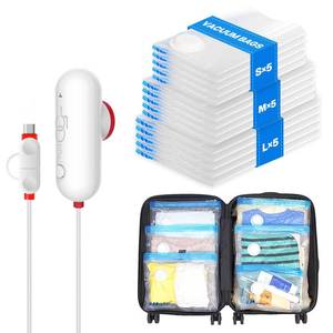 lot 5386 image: VMstr 15 Pack Travel Vacuum Storage Bags with USB Pump, Vacuum Packing Seal for Luggage and Suitcase, Space Saver for Clothes and Clothing Travel