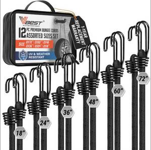 lot 5397 image: VBEST Bungee Cords Heavy Duty Outdoor - 12 Pcs Bungie Cords with Hooks in A Storage Bag Includes 18, 24, 36, 48, 60, 72 Bunnies Cord Bundle