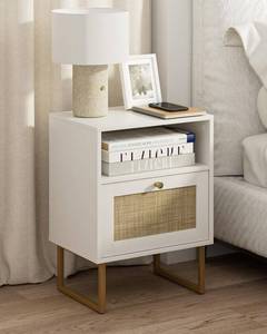 lot 5410 image: Masupu Rattan Nightstand,Modern Boho Farmhouse Wood Bedside Table with Storage Drawer and Open Shelf,Small Gold Frame Side End Table for Bedroom,Living Room,Office(White)