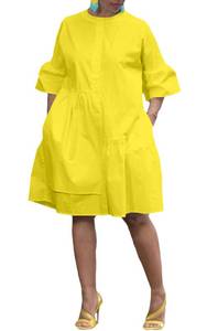 lot 5427 image: Choichic Button Down Shirt Dresses for Women with Pockets Flare Bell Sleeve A-Line Midi Tunic Dress Large Yellow