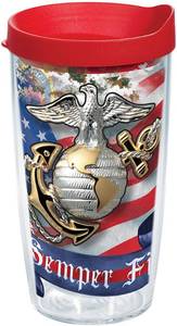 lot 5428 image: Tervis Marines Eagle and Anchor Tumbler with Wrap and Red Lid 16oz, Clear