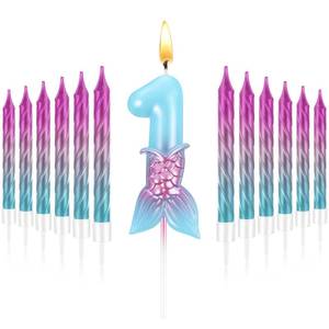 lot 5436 image: MTLEE Number 1 Mermaid Birthday Candle for Cake with 12 Purple Blue and Pink Spiral Rainbow Candles for Girls, Birthday Anniversary Cake Topper Mermaid Theme Party Decors Supplies