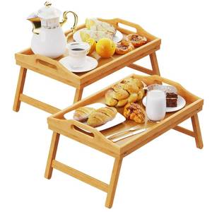 lot 5466 image: 2 Pack Breakfast in Bed Tray for Eating, 16.92 x 12.6 Inch Bed Table Tray with Folding Legs & Handles, Bamboo Food Lap Trays Fits for Adult Kids EatingTVSurgery Recovery by Easoger. Set of 2