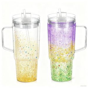 lot 5471 image: 40oz Acrylic Snowglobe Tumbler, Pre Drilled Snow Globe Cup with Handle, Plastic Double Wall Snowglobe Cup for Glitter, Clear DIY Tumbler with Plug and Pre Hole, 4 Pack