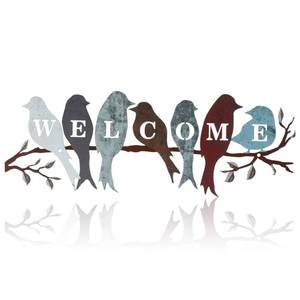 lot 5488 image: Peryiter Bird Wall Art Birds on Branch Welcome Sign Hanging Outdoor Metal Wall Decor Welcome Signs for Porch Vivid Statue Welcome Wall Decor Tree Silhouette for Bedroom Garden(Vintage Colors)