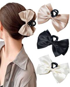 lot 5520 image: CHLINS 3 Pcs Bow Claw Clip Hair Clips for Women - Satin Bow Clips - Non-Slip Claw Clips for ThickThin Hair - Barrettes (Plastic(BlackOff-WhiteKhaki))