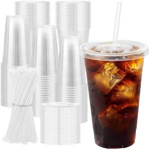 lot 5530 image: Clawsoff 100 Pack 20 oz Plastic Cups with Lids and Straws, Sturdy Food Safe Iced Clear Coffee Cups Disposable Smoothie Cups for Cold Drinks
