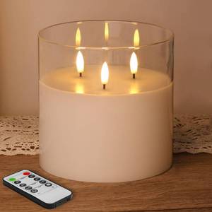 lot 5575 image: Eywamage 3 Wick Clear Glass Flameless Candle with Remote, Large Flickering LED Battery Pillar Candle 6 H 6