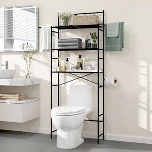 lot 5590 image: MallCreaty 3-Tier Over The Toilet Storage Rack, Freestanding Bathroom Shelves Organizer with Hooks and Toilet Paper Holder, Space Saver Metal Shelf for Small Bathroom, Black