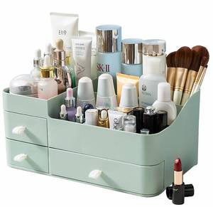 lot 5593 image: Makeup Organizer for Vanity, Large Countertop Organizer with Drawers, Cosmetics Storage for Skin Care, Brushes, Eyeshadow, Lotions, Lipstick,Nail Polish.Great for Dresser, Bathroom, Bedroom-Green