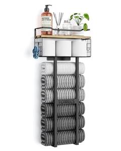 lot 5615 image: Aetyord Towel Racks for Bathroom - Wall Mounted Metal Rack with Wood Plank, Bathroom Storage Organizer, Towel Holder Stores 6 Large Rolled Towels Easily, Black with Wood Plank