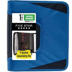 lot 5664 image: Five Star Zipper Binder, 1-12 Inch 3-Ring Binder with Round Rings, 3-Pocket Expanding File, 500 Sheet Capacity, Blue (72202)