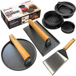 lot 5672 image: Gamalou Smashed Burger Press BBQ Kit 7 Round &amp 8.2x4.3 Rectangle Cast Iron Bacon Press, 3 in 1 Patty Maker, Spatula 6x5, Burger Press Griddle Set for Blackstone, Traeger, Grills, Fry Pan