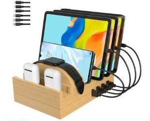 lot 5674 image: Bamboo Multi-Device Charging Station with Night Light
