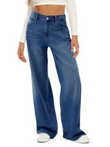 lot 6105 image: HDLTE Womens High Waist Baggy Boyfriend Jeans - Wide Leg Loose Denim Pants with Pockets(Dark Blue,Large)