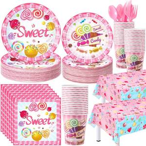 lot 6107 image: Yungyan 194 Pcs Candyland Party Decorations Disposable Candy Lollipop Plates and Napkins Tablecloth Cups Tableware Decorations Favors for Sweet Shop Candyland Birthday Baby Shower Party Supplies