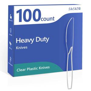 lot 6110 image: SACATR 100 Count Heavy Duty Plastic Knives Disposable, BPA-Free Clear Plastic Knives Suitable for Party, Events and Everyday Use