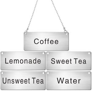 lot 6154 image: Hicarer 5 Pcs Stainless Steel Chain Signs 3-12 x 1-38 Beverage Table Display Hanging Chain Sign(Coffee, Lemonade, Sweet Tea, Unsweet Tea, Water)
