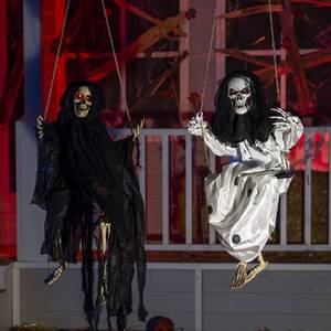 lot 6159 image: JOYIN 2 Pcs Halloween Hanging Swinging Ghosts Decorations Outdoor, Halloween Scary Decor with Lighted Up Eyes, Creepy Swinging Skeleton Flying Props for Yard Patio Lawn Garden