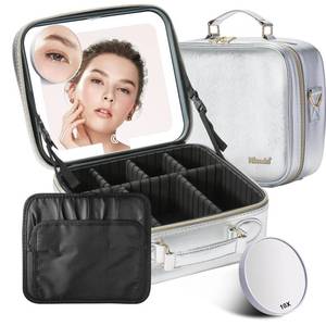 lot 6181 image: Mocado Travel Makeup Bag with LED Lighted Mirror,Travel Makeup Organizer,Makeup Case with 3 Color Lighted Setting and 10x Magnifying Mirror,Portable Storage and Adjustable Dividers Makeup Box(Silver)