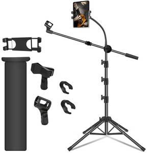 lot 6187 image: Mic Stand, Microphone Stand Floor Boom Mic Stand with Tablet Phone Holder Height Adjustable Four-legged Stand Gooseneck Boom Arm with 2 Mic Clips for Singing Stage Performance Party