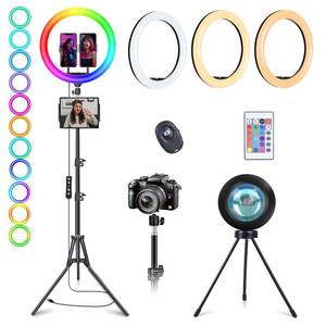 lot 6188 image: 13 Selfie Ring Light with Stand 76 Tall & 2 Phone Holders, Tablet Holder, Sunset Lamp & 51 Color Modes, Desk Tripod, 12 Dimming Levels Halo Light, Christmas LED Ringlight for iPhoneTikTokYouTube