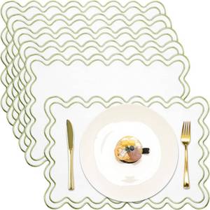 lot 6215 image: HunnmingRe Set of 2 Cotton Linen Placemats, 13x19 Inch Scalloped Wavy Embroidery Placemat Double Layered Washable Rustic Rectangle Dinner Table Mats for Kitchen Christmas(White with Green)