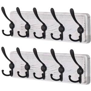 lot 6228 image: Dseap Coat Rack Wall Mounted - 5 Tri Hooks, Heavy Duty, Wooden Wall Coat Hanger Coat Hook for Clothes Hat Jacket Clothing, White & Black, Pack of 2