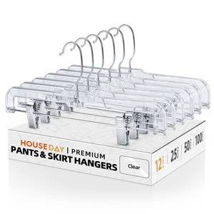 lot 6230 image: HOUSE DAY 12 Pack 14 inch Clear Plastic Skirt Hangers with Adjustable Clips, Pants Hangers 360-Rotating Swivel Hook, Clip Hangers for Pants, Trousers, Skirts, Jeans, Bulk Plastic Hangers