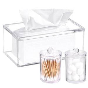 lot 6253 image: FULANDL Acrylic Tissue Box Holder with 2PCS Cotton Swab Holder, Clear Tissue Dispenser Box with Cover for Facial Tissue Napkins, Dryer Sheet Holder Rectangular for Bathroom Office Car