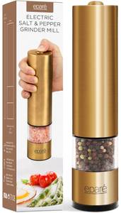 lot 6263 image: Epare Brass Salt and Pepper Mill - Battery Operated Gold Pepper Grinder with Ceramic Burr - Automatic Steel Peppermills With LED Light - Gold or Brass Color