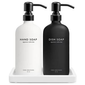 lot 6287 image: Vine Creations Glass Soap Dispenser Set, Kitchen Soap Dispenser Set with Ceramic Tray, 16 oz Dish Soap and Hand Soap Dispensers with Stainless Steel Pump Decor (White and Black BottlesMatte Black)