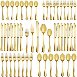 lot 6303 image: 40 Pcs Gold Silverware Set Service for 8, Premium Stainless Steel Flatware Set, Cutlery Utensil Set, Durable Home Kitchen Eating Tableware Set, Include Fork Knife Spoon Set, Dishwasher Safe