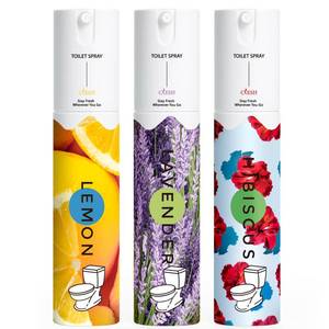 lot 6328 image: Toilet Spray, Bathroom Odor Eliminator, 3 Pack, 1 fl oz Each, Up to 150 Uses, Travel Size, For Home and Travel, Essential Oils Freshener Spray, Lemon, Hibiscus, Lavender