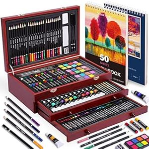 lot 6371 image: 175 Piece Deluxe Art Set with 2 Drawing Pads, Acrylic Paints,Crayons,Colored Pencils,Paint Set in Wooden Case,Professional Art Kit,Art Supplies for Adults,Teens and Artist,Paint Supplies (B09D3R2692) DRAWER DAMAGED