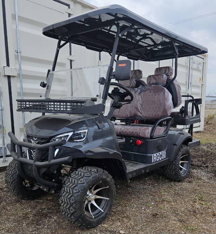 lot 5021 image: Extremely Nice & Impressive 2025 Unused IRGC80 Golf Cart 4000W 60V-50 Mile Range-4 Luxury Seats w Headrests-DOT Seat Belts-DOT Acrylic Foldable Windshield-Headlights-Tail Lights-Turn Signals-Rear View Mirror-Horn-Rear Camera-Street Legal In Most Areas