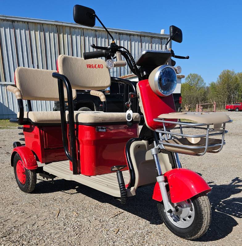 lot 5039 image: UNUSED 2025 - Red Mini Golf CartTrike IRGC40 - Wall Charger - Remote Security System - Lights - Horn - Under Seat Storage - Small But Powerful Some Assembly Required