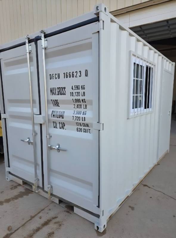 lot 5401 image: 2025 Unused 12ft Shipping Container with Office Door & Lock, Double Rear Doors, Window with Security Bars & Fork Pockets for Easy Transport - Weather, Rodent & Fireproof - Delivery Available