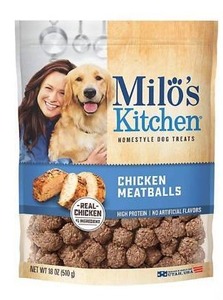 lot 34896 image: Milos Kitchen Chicken Meatballs Dog Treats 18oz BB May 25