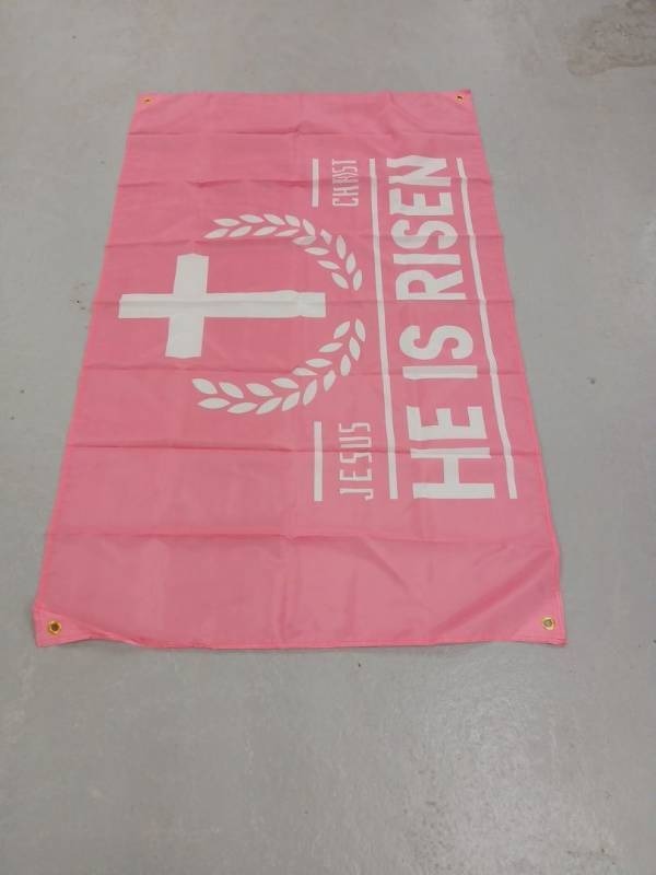 lot 5693 image: He Is Risen Religious Banner Pink Easter Cross Design 3 x 5 - Retail $24