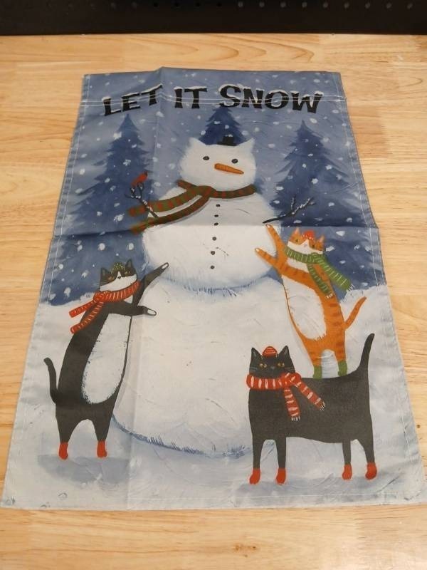 lot 5712 image: Let It Snow Winter Garden Flag with Snowman and Cats Design - Retail $24